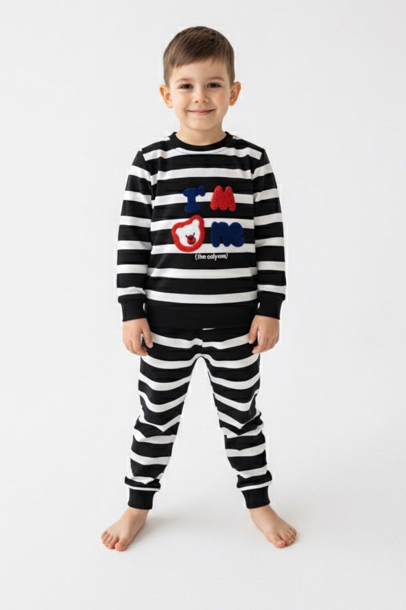 Erkek Çocuk Siyah Çizgili Nakışlı İki İplik İkili Takım - 27977-SIYAH - TOFİSA