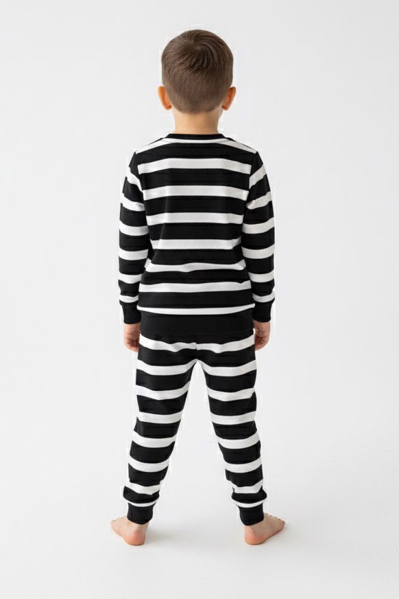 Erkek Çocuk Siyah Çizgili Nakışlı İki İplik İkili Takım - 27977-SIYAH - TOFİSA