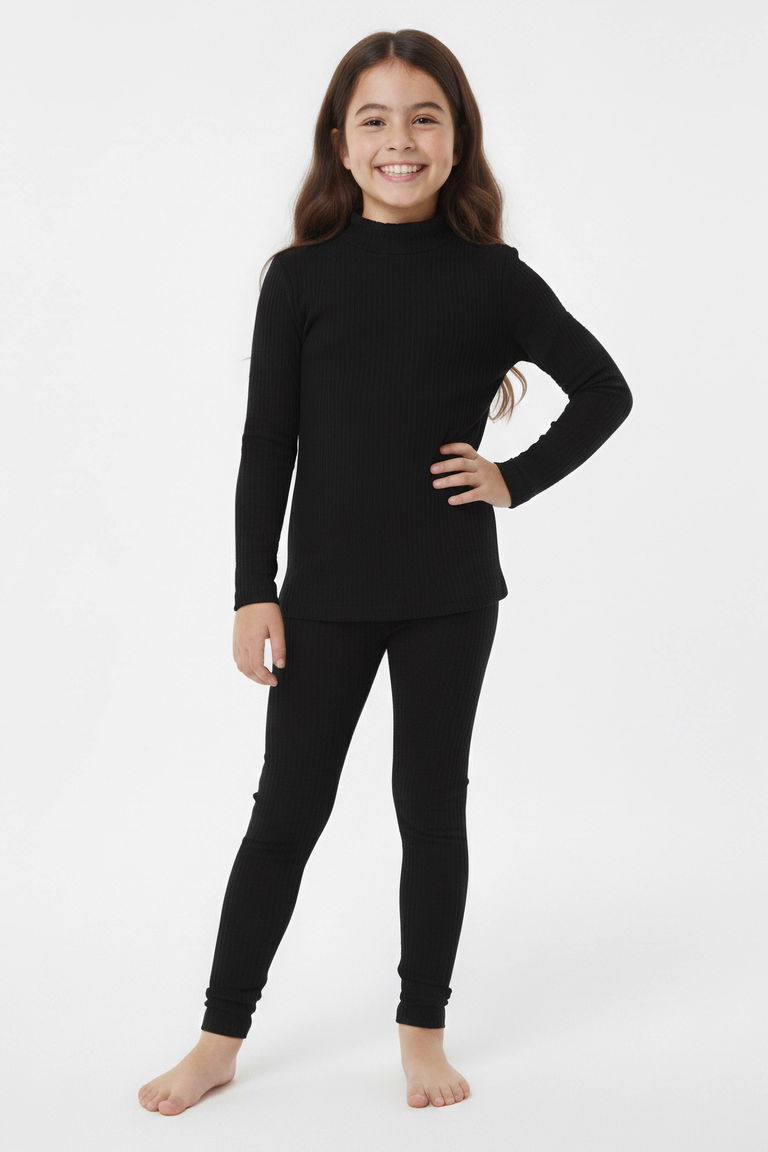 Kız Çocuk Siyah Fitilli Ribana Takım - 28104-SIYAH - TOFİSA