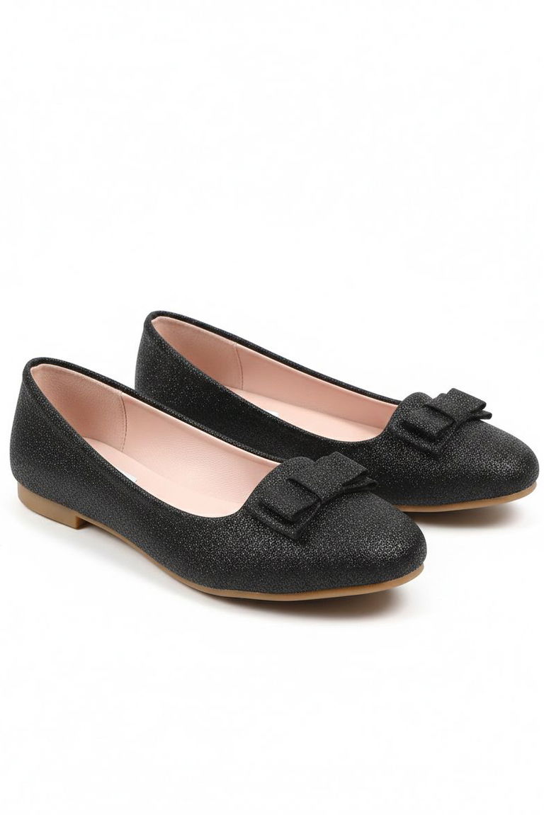 Kız Çocuk Siyah Fiyonk Detaylı Simli Babet - 28196-SIYAH - TOFİSA