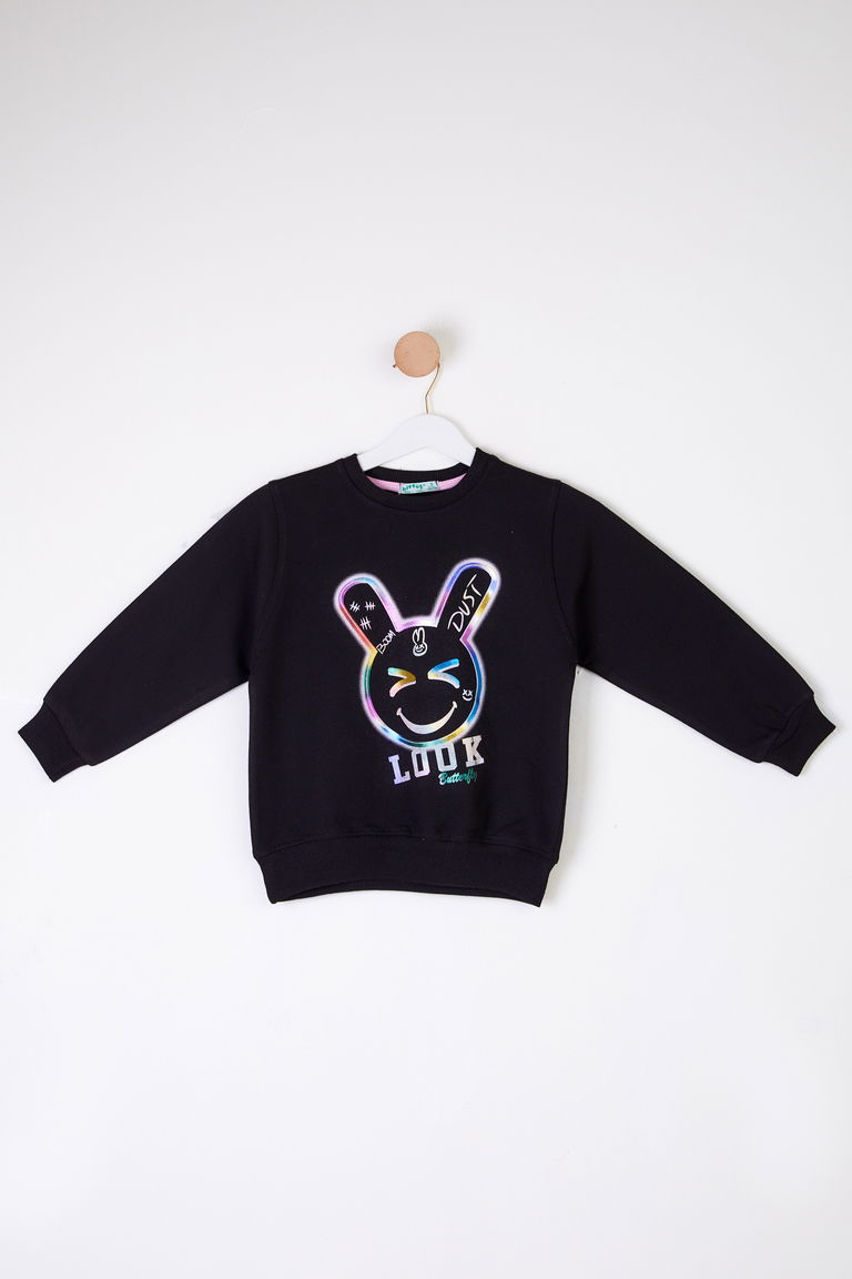 Kız Çocuk Siyah Gülen Yüz Sweatshirt - 26107 - TOFİSA