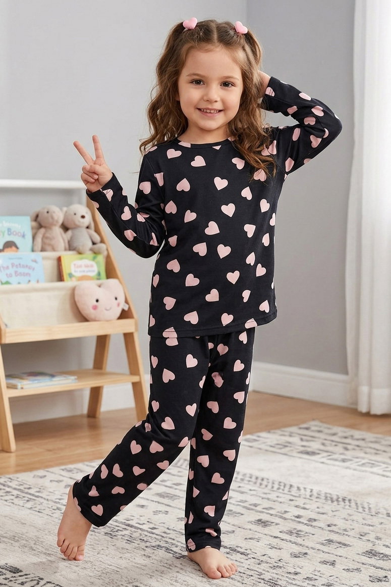 Kız Çocuk Siyah Kalpli Süet Pijama Takımı - 28348-SIYAH - 1