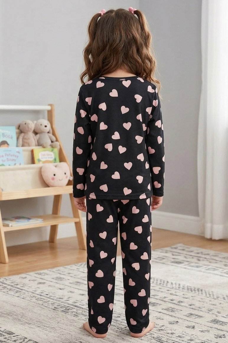 Kız Çocuk Siyah Kalpli Süet Pijama Takımı - 28348-SIYAH - 2