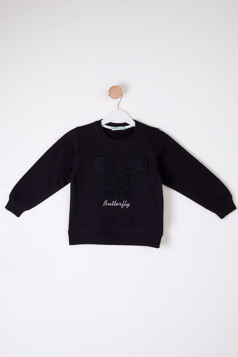 Kız Çocuk Siyah Kelebek Nakışlı Sweatshirt - 26106 - TOFİSA