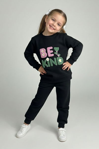 Kız Çocuk Siyah Nakışlı İki İplik Takım - 28147-SIYAH 