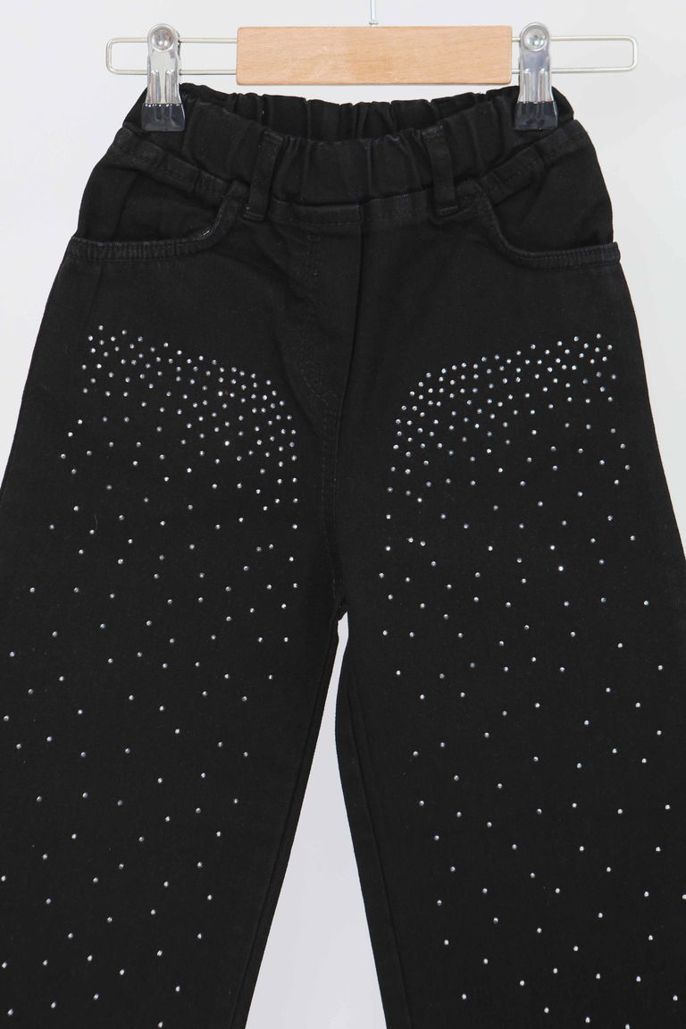Kız Çocuk Siyah Taşlı Kot Pantolon - 27458 - TOFİSA