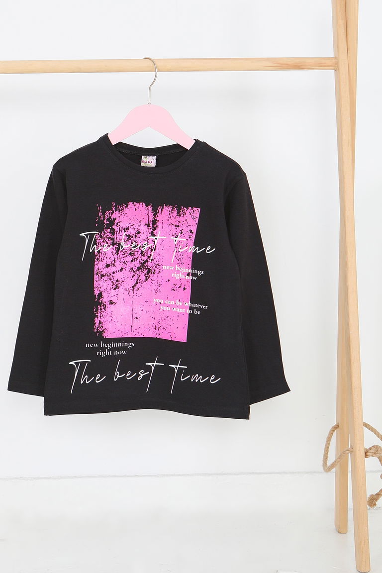 Kız Çocuk Siyah Uzun Kollu Baskılı Penye Badi - 27693 - TOFİSA