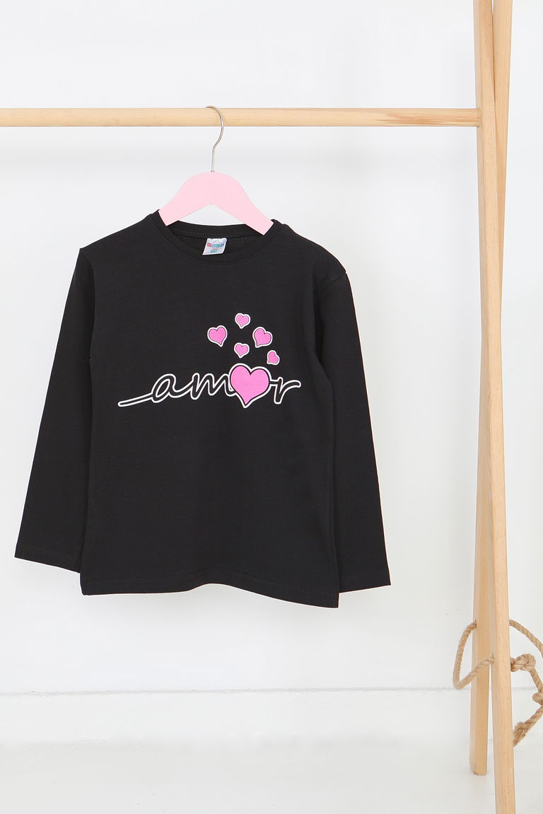 Kız Çocuk Siyah Uzun Kollu Baskılı Penye Badi - 27698 - TOFİSA