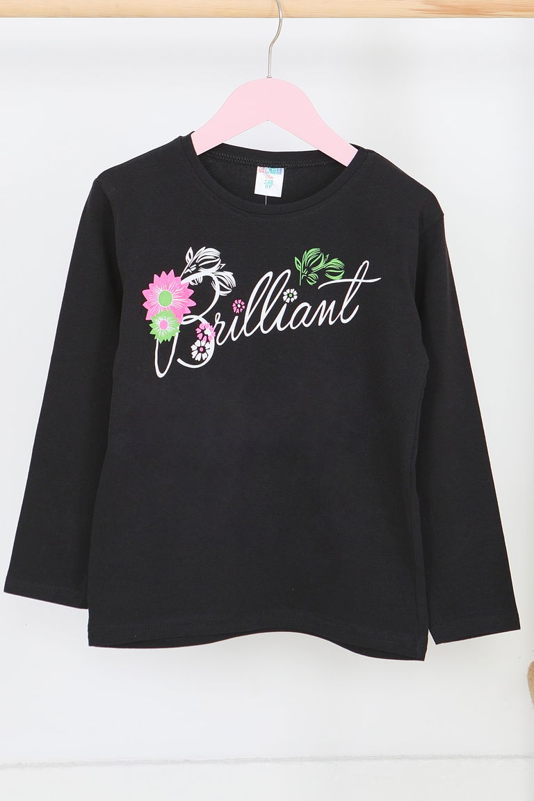 Kız Çocuk Siyah Uzun Kollu Baskılı Penye Badi - 27699 - TOFİSA