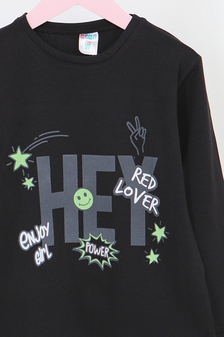 Kız Çocuk Siyah Uzun Kollu Baskılı Penye Badi - 27701 - TOFİSA