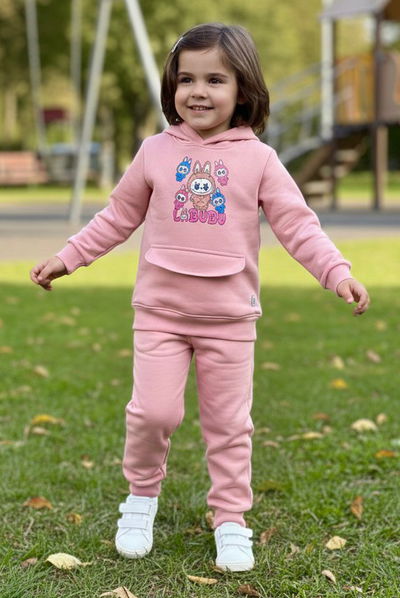 Kız Çocuk Somon Baskılı Üç iplik Eşofman Takımı - 28153-SOMON 