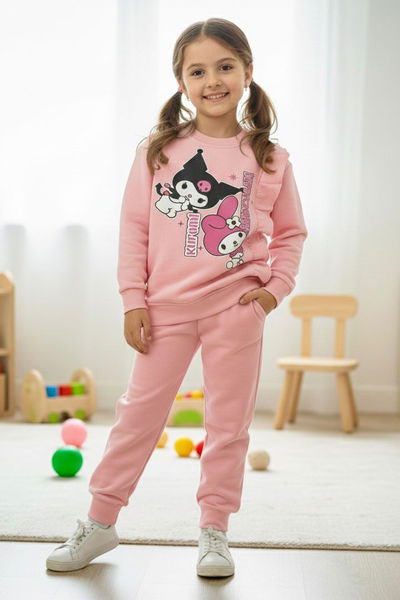 Kız Çocuk Somon Baskılı Üç iplik Eşofman Takımı - 28154-SOMON 