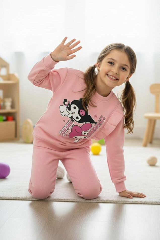 Kız Çocuk Somon Baskılı Üç iplik Eşofman Takımı - 28154-SOMON - TOFİSA