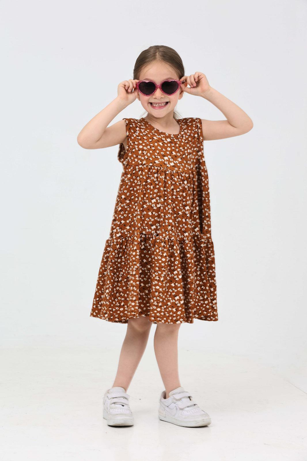 Kız Çocuk Taba Çiçek Desenli Elbise - 27215 - 1