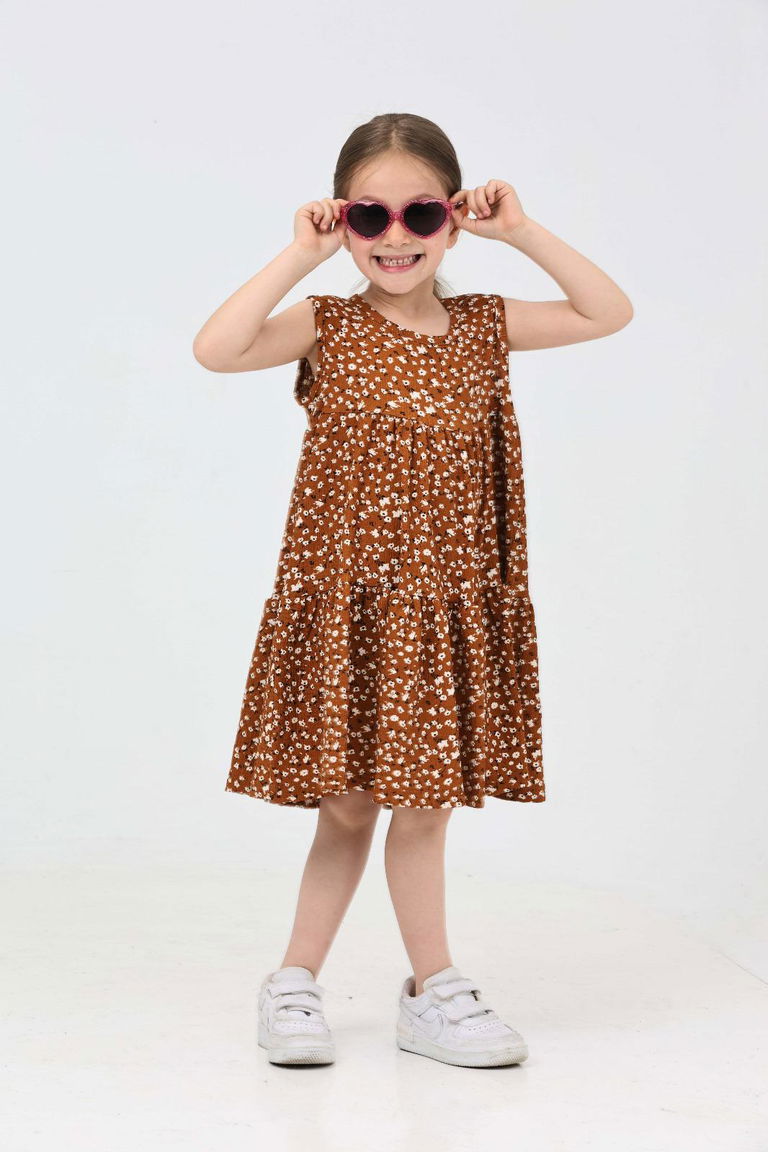 Kız Çocuk Taba Çiçek Desenli Elbise - 27215