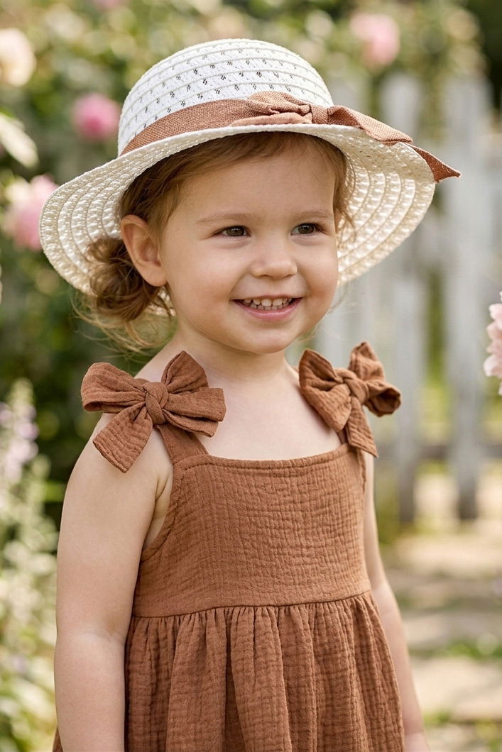 Kız Çocuk Taba Şapkalı Bürümcük Elbise - 28350-TABA - 2