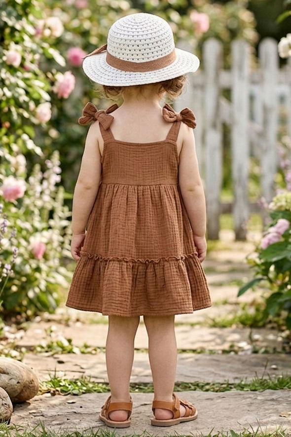 Kız Çocuk Taba Şapkalı Bürümcük Elbise - 28350-TABA - 3