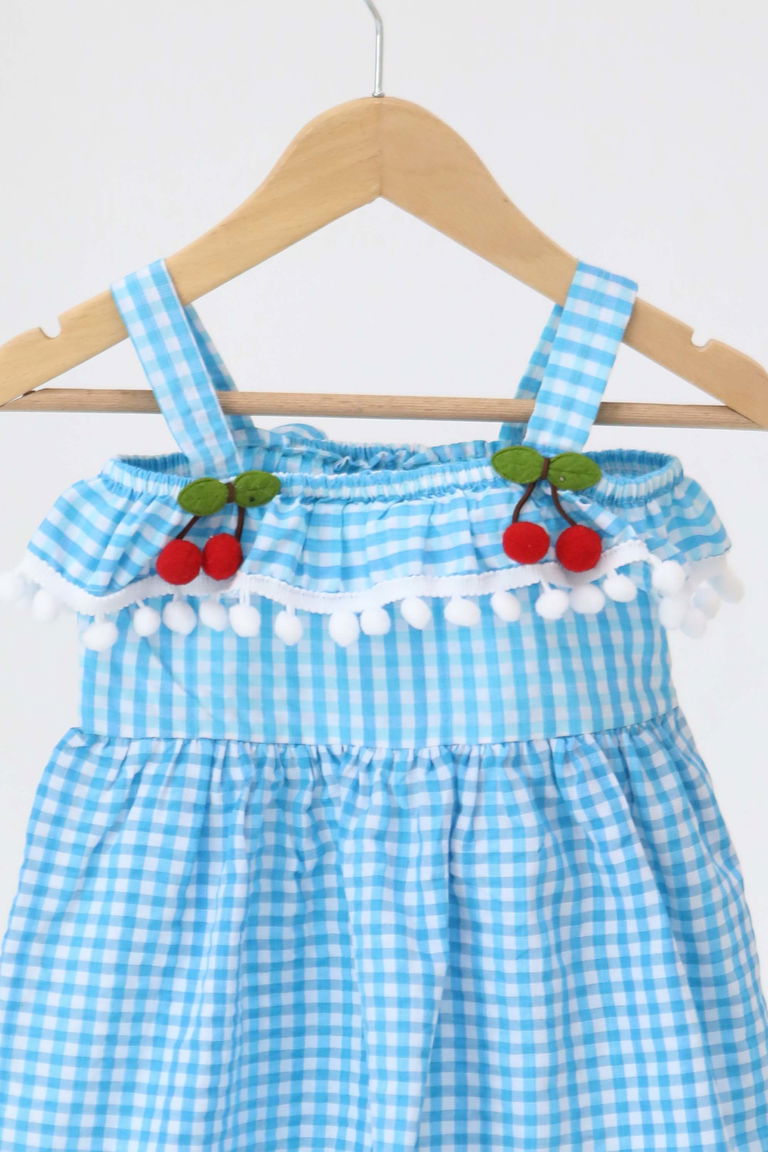 Kız Çocuk Turkuaz Kirazlı Elbise - 27164 - TOFİSA