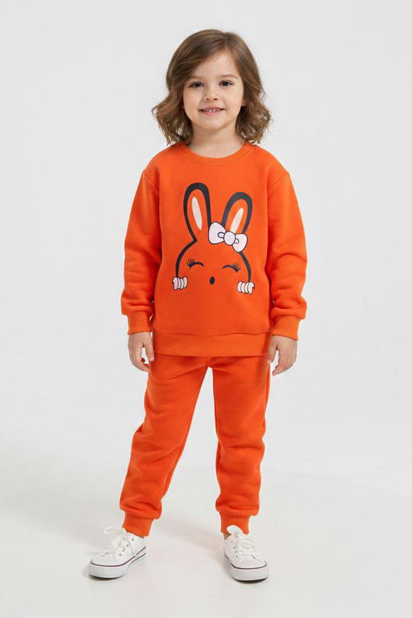 Kız Çocuk Turuncu Baskılı Pijama Takımı - 28177-TURUNCU - 1