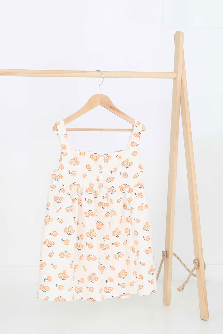 Kız Çocuk Turuncu Çiçek Desenli Elbise - 27217 - TOFİSA