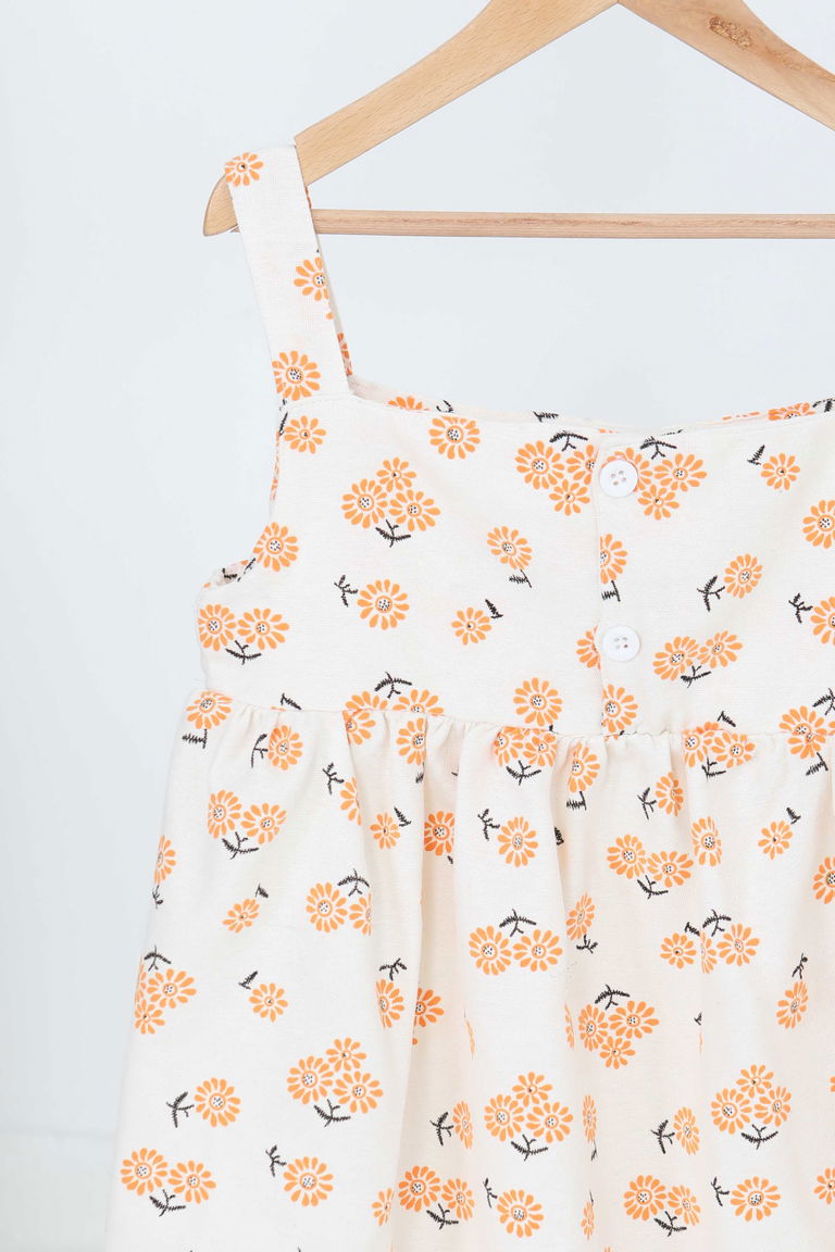 Kız Çocuk Turuncu Çiçek Desenli Elbise - 27217 - TOFİSA