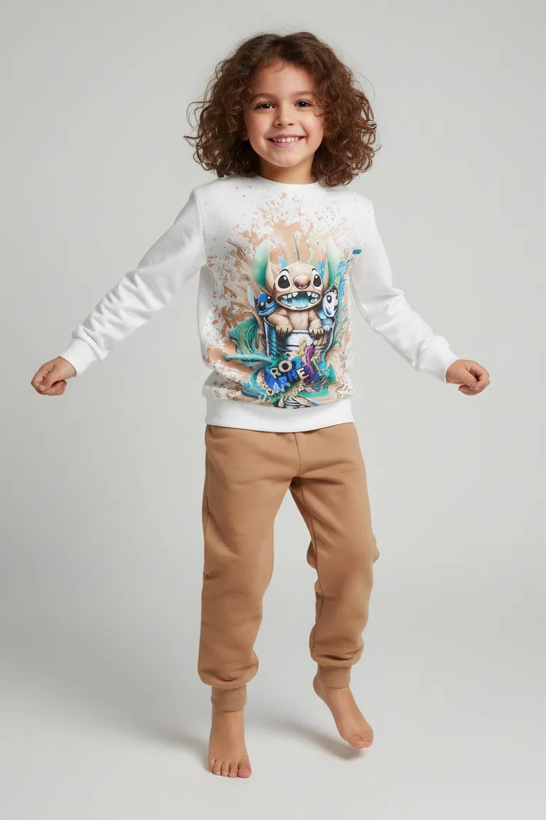 Kız Çocuk Vizon Baskılı Pijama Takımı - 28096-VIZON - TOFİSA