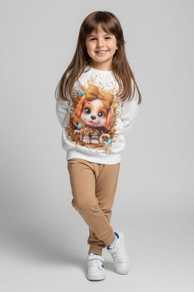 Kız Çocuk Vizon Baskılı Pijama Takımı - 28166-VIZON - 1