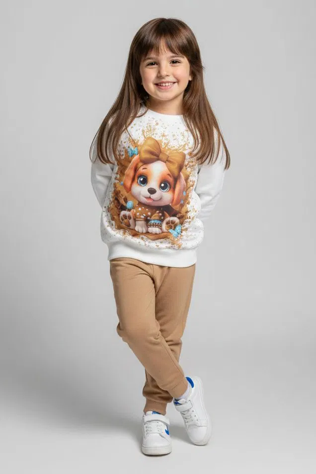 Kız Çocuk Vizon Baskılı Pijama Takımı - 28166-VIZON - TOFİSA