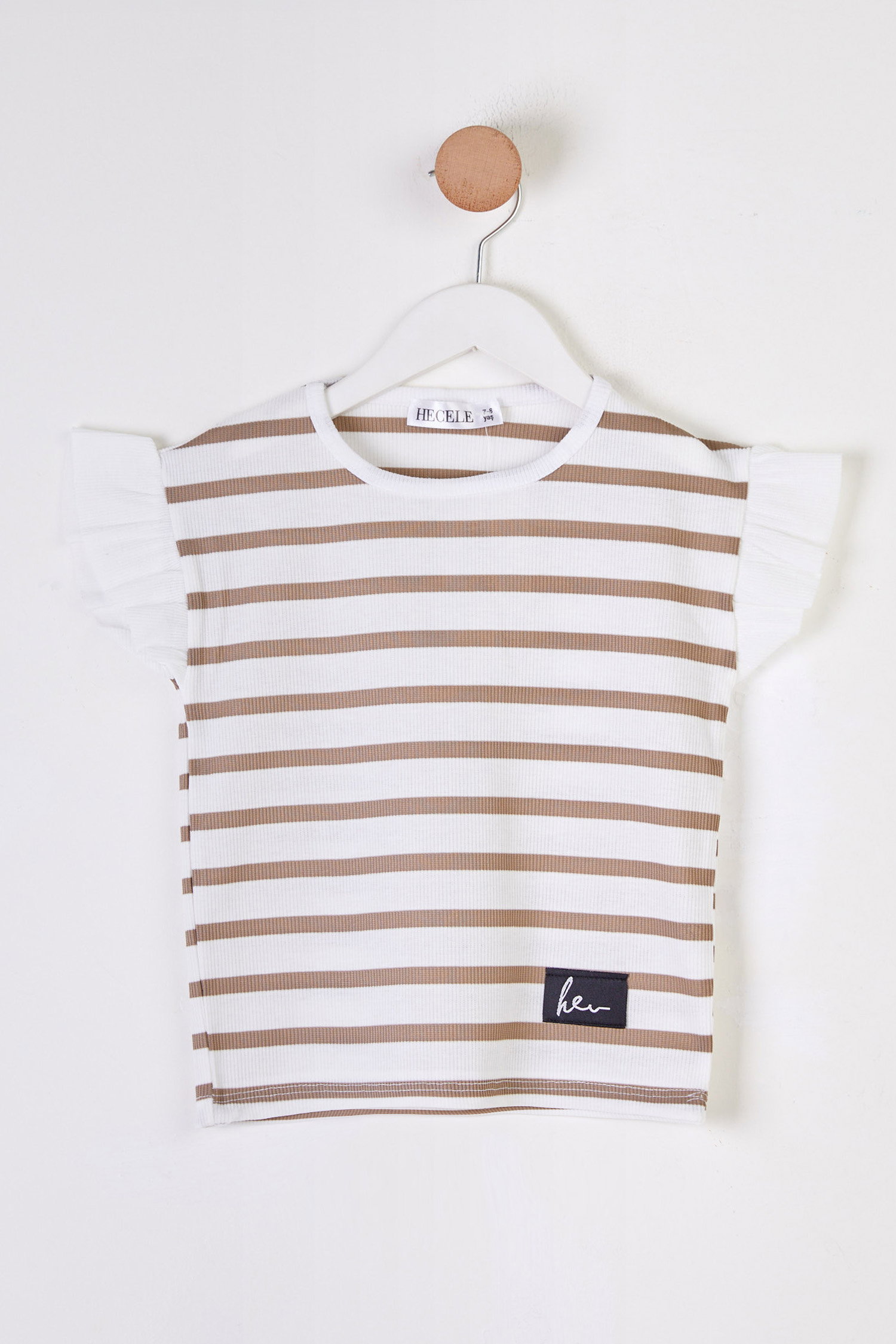 Kız Çocuk Vizon Çizgili T-Shirt - 25785 - 1