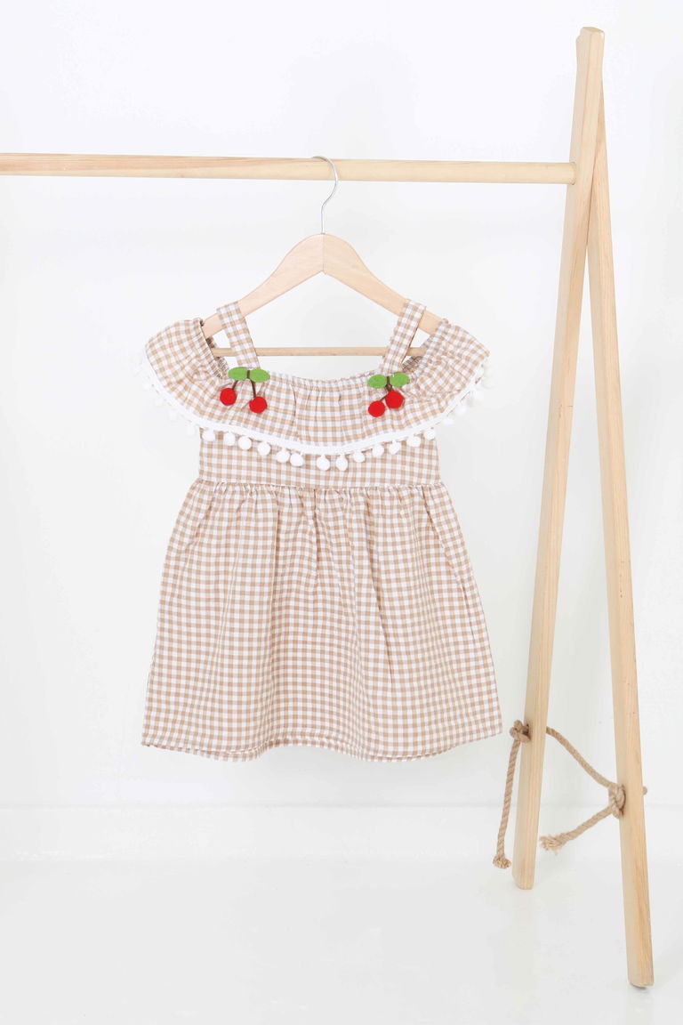 Kız Çocuk Vizon Kirazlı Elbise - 27164 - TOFİSA