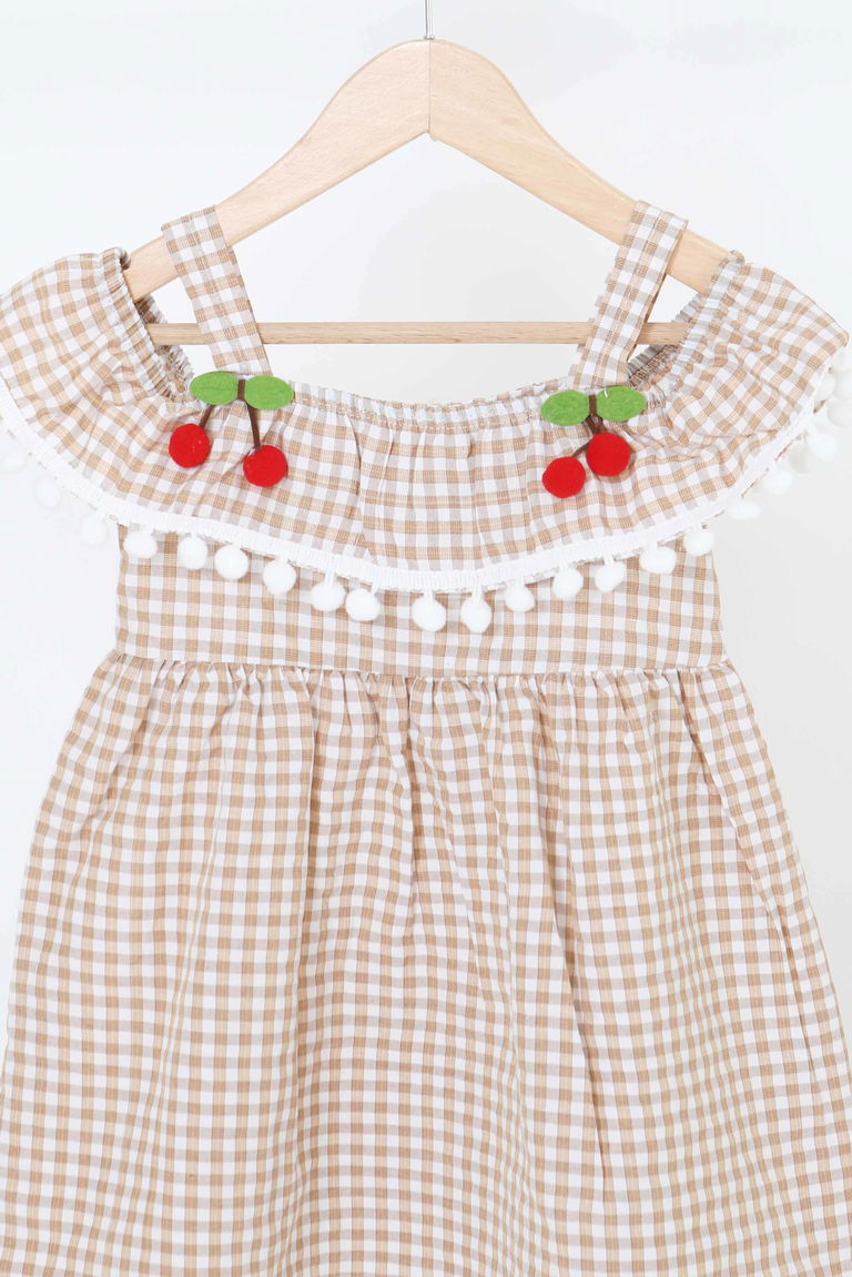 Kız Çocuk Vizon Kirazlı Elbise - 27164 - TOFİSA