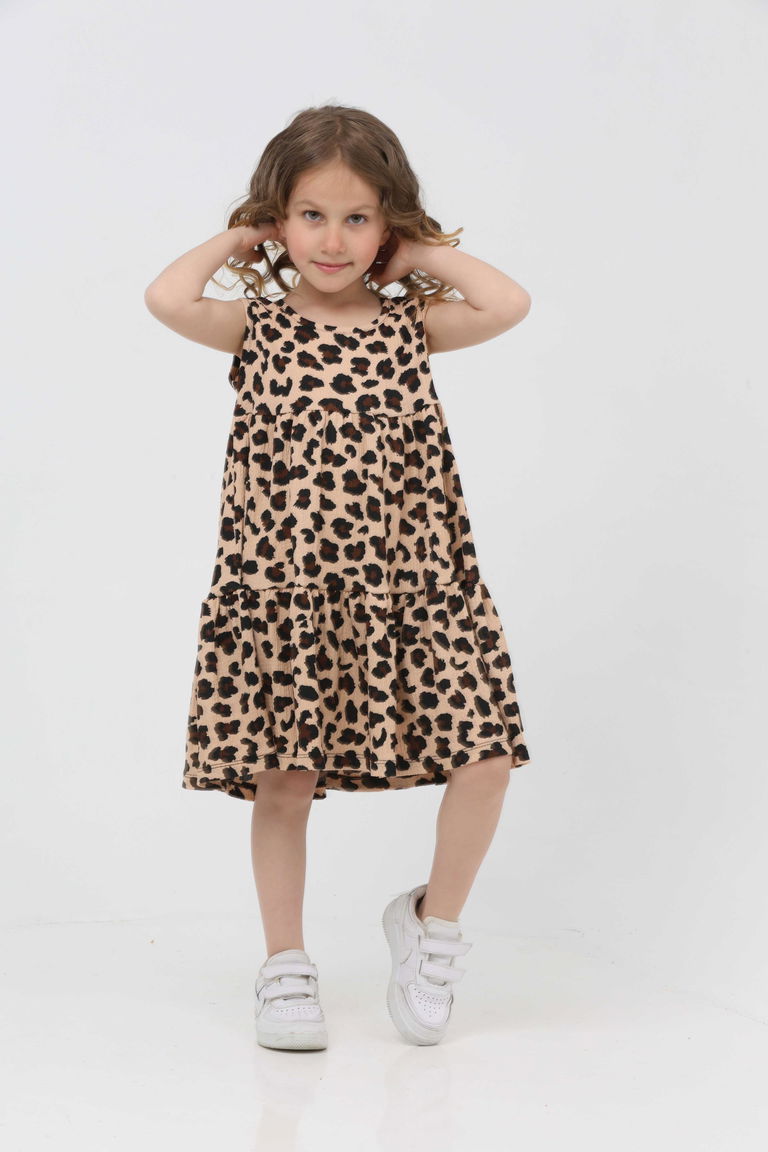 Kız Çocuk Vizon Leopar Desenli Elbise - 27211 - TOFİSA
