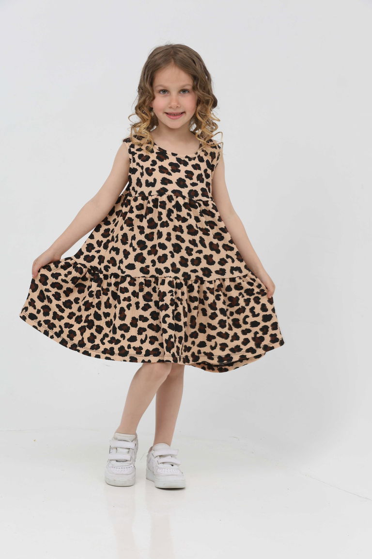 Kız Çocuk Vizon Leopar Desenli Elbise - 27211 - TOFİSA