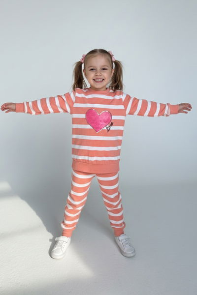 Kız Çocuk Yavruağzi Çizgili Nakışlı İki İplik İkili Takım - 28010-YAVRUAGZI 