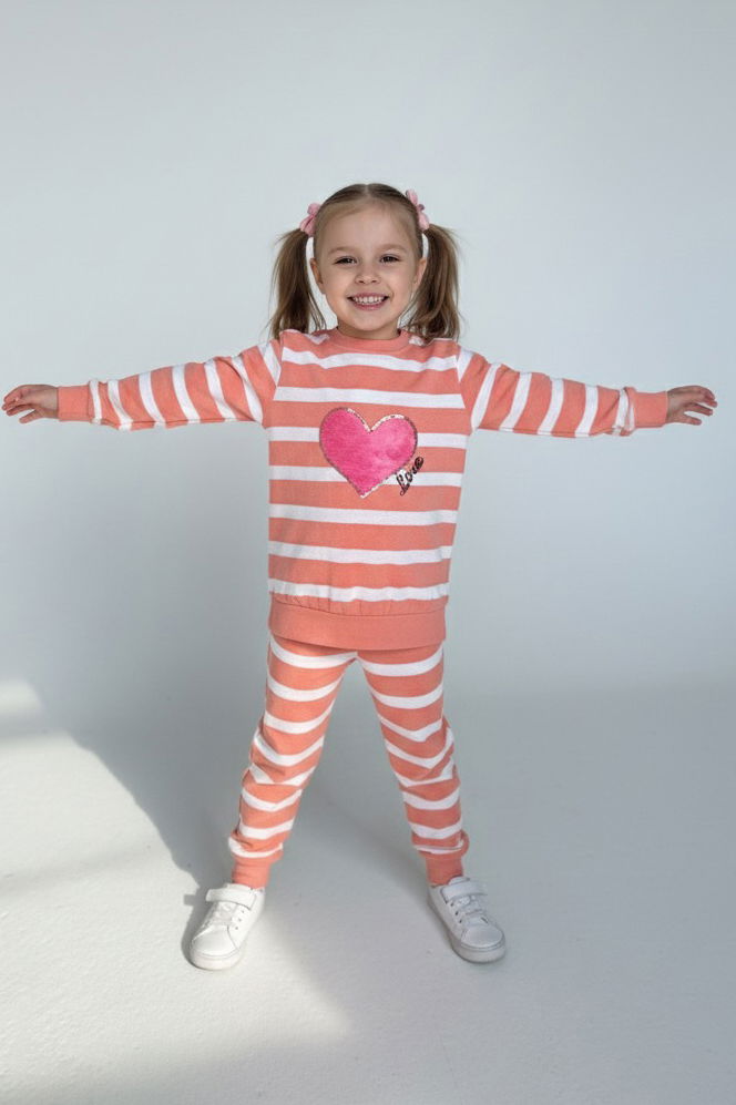 Kız Çocuk Yavruağzi Çizgili Nakışlı İki İplik İkili Takım - 28010-YAVRUAGZI - TOFİSA