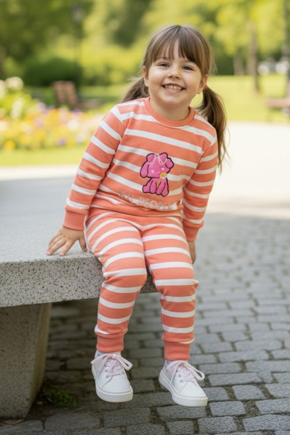 Kız Çocuk Yavruağzi Çizgili Nakışlı İki İplik İkili Takım - 28011-YAVRUAGZI - 1