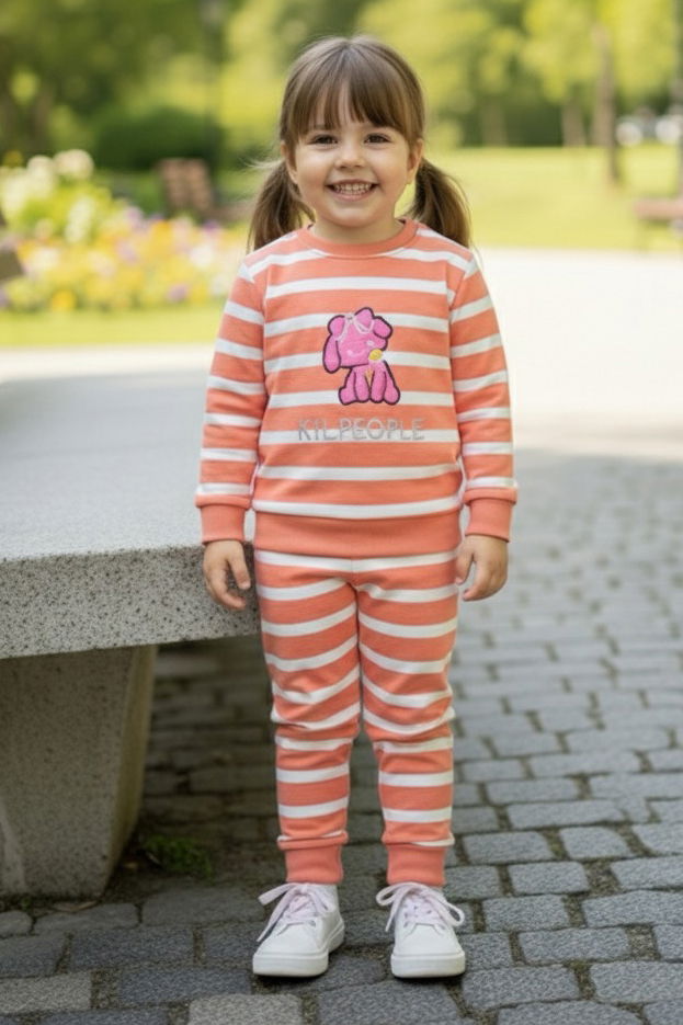 Kız Çocuk Yavruağzi Çizgili Nakışlı İki İplik İkili Takım - 28011-YAVRUAGZI - TOFİSA