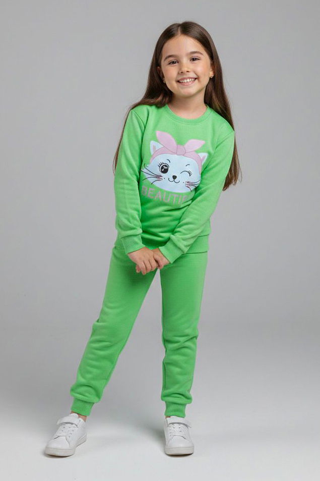 Kız Çocuk Yesil Baskılı Eşofman Takımı - 28175-YESIL - TOFİSA