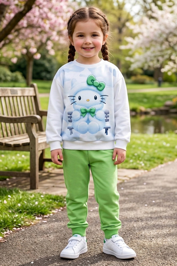 Kız Çocuk Yesil Baskılı İki İplik Çocuk Pijama Takımı - 28347-YESIL - 1