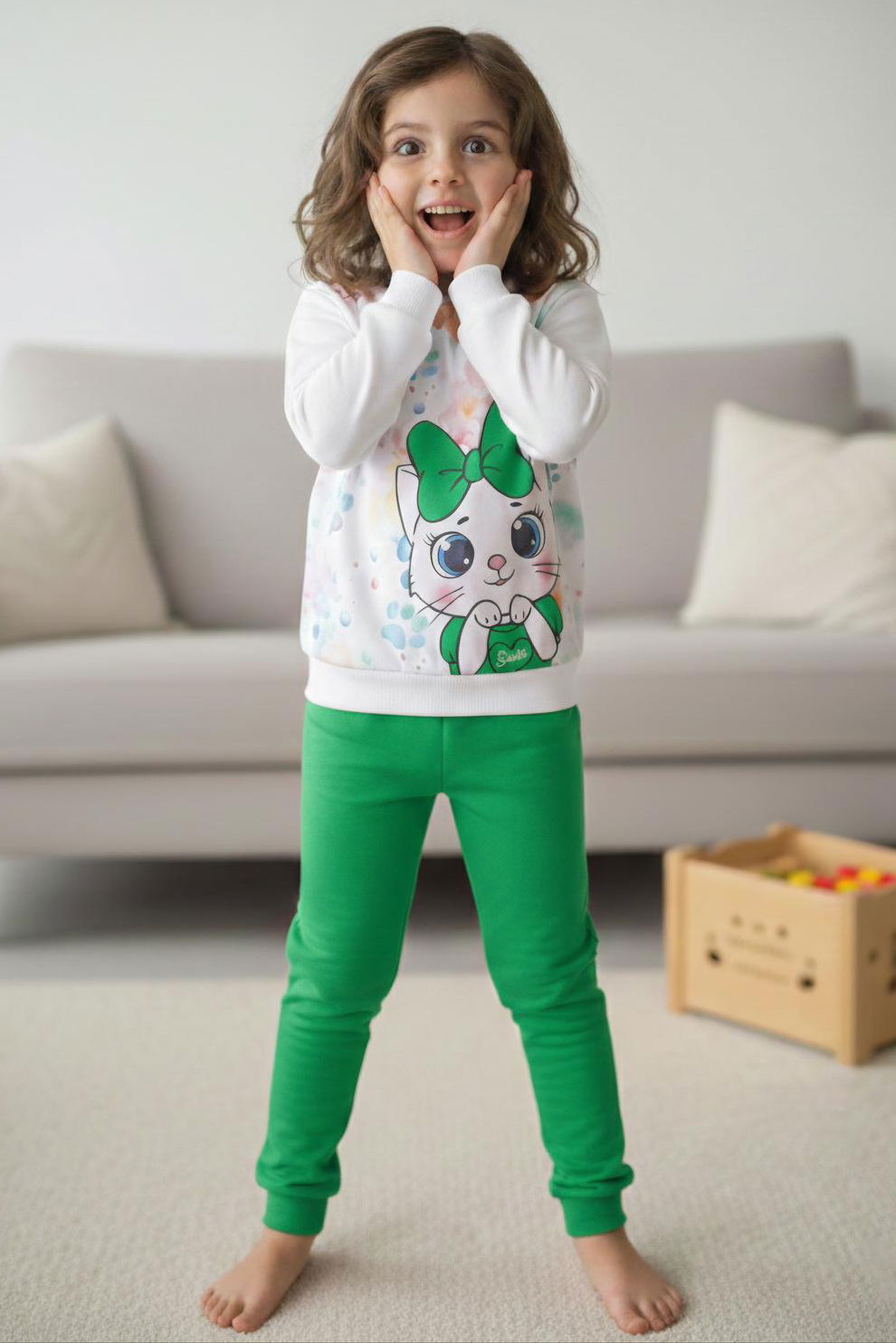 Kız Çocuk Yesil Baskılı Şardonlu Pijama Takımı - 28236-YESIL - 1