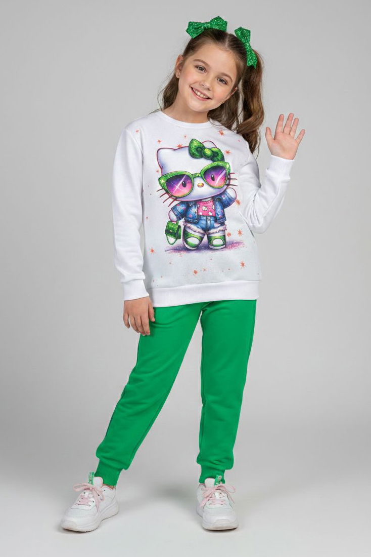 Kız Çocuk Yesil Baskılı Şardonlu Pijama Takımı - 28237-YESIL - 1