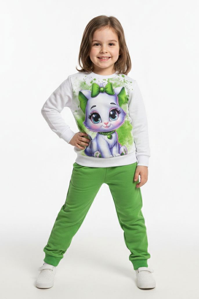 Kız Çocuk Yesil Baskılı Şardonlu Pijama Takımı - 28238-YESIL - 1