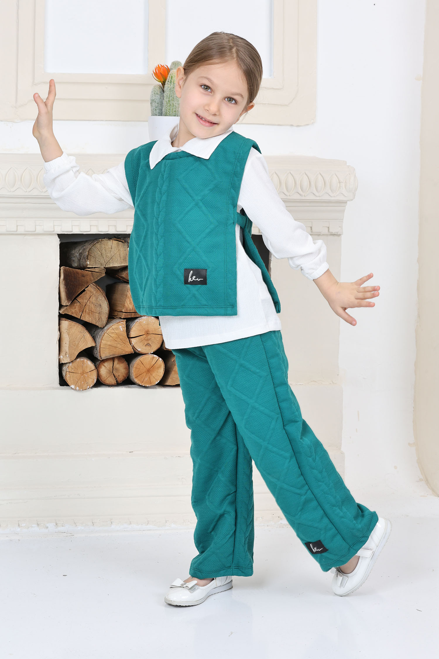 Kız Çocuk Yesil Kız Çocuk Gömlek Yaka Dokulu Alt Üst Takım Takım - 26813 - 1