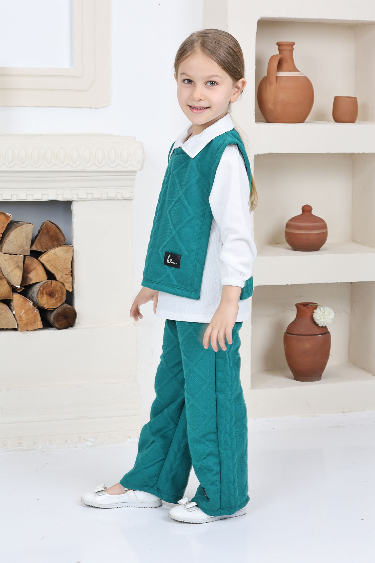 Kız Çocuk Yesil Kız Çocuk Gömlek Yaka Dokulu Alt Üst Takım Takım - 26813 - 3