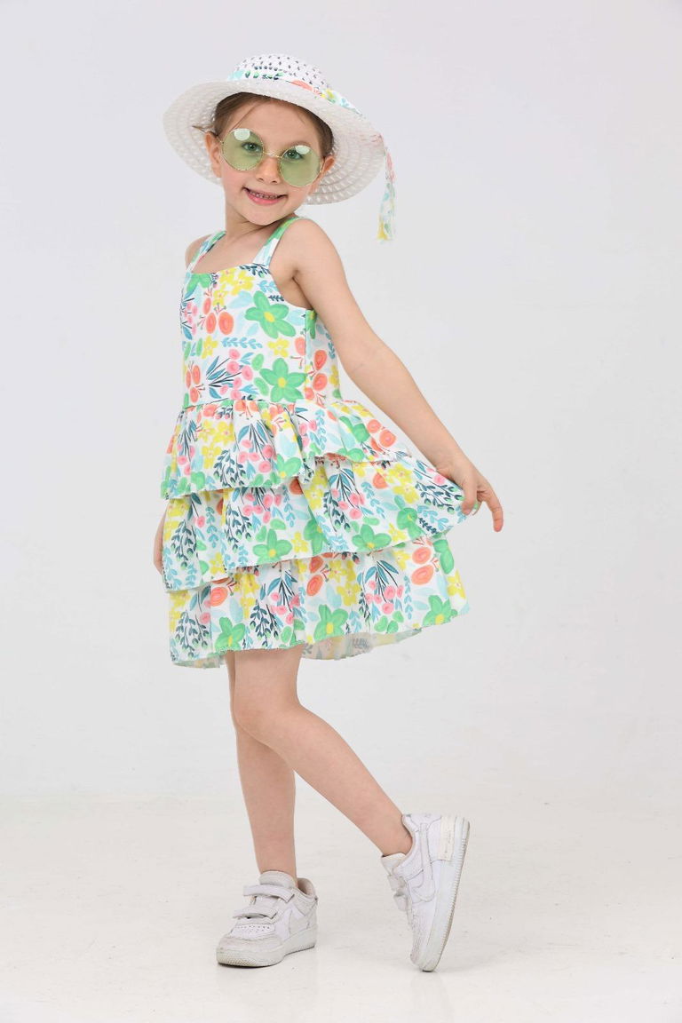 Kız Çocuk Yesil Şapkalı Fırfırlı Elbise - 27210 - TOFİSA