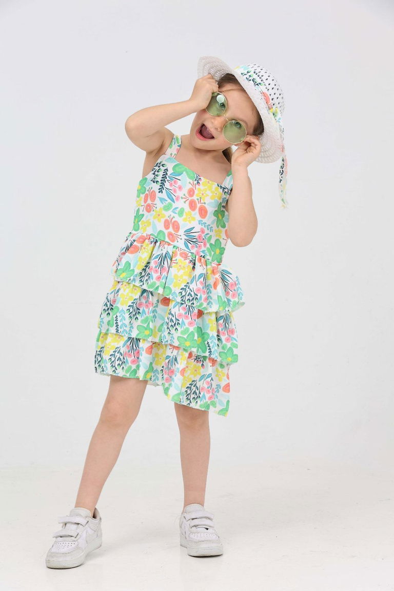 Kız Çocuk Yesil Şapkalı Fırfırlı Elbise - 27210 - TOFİSA
