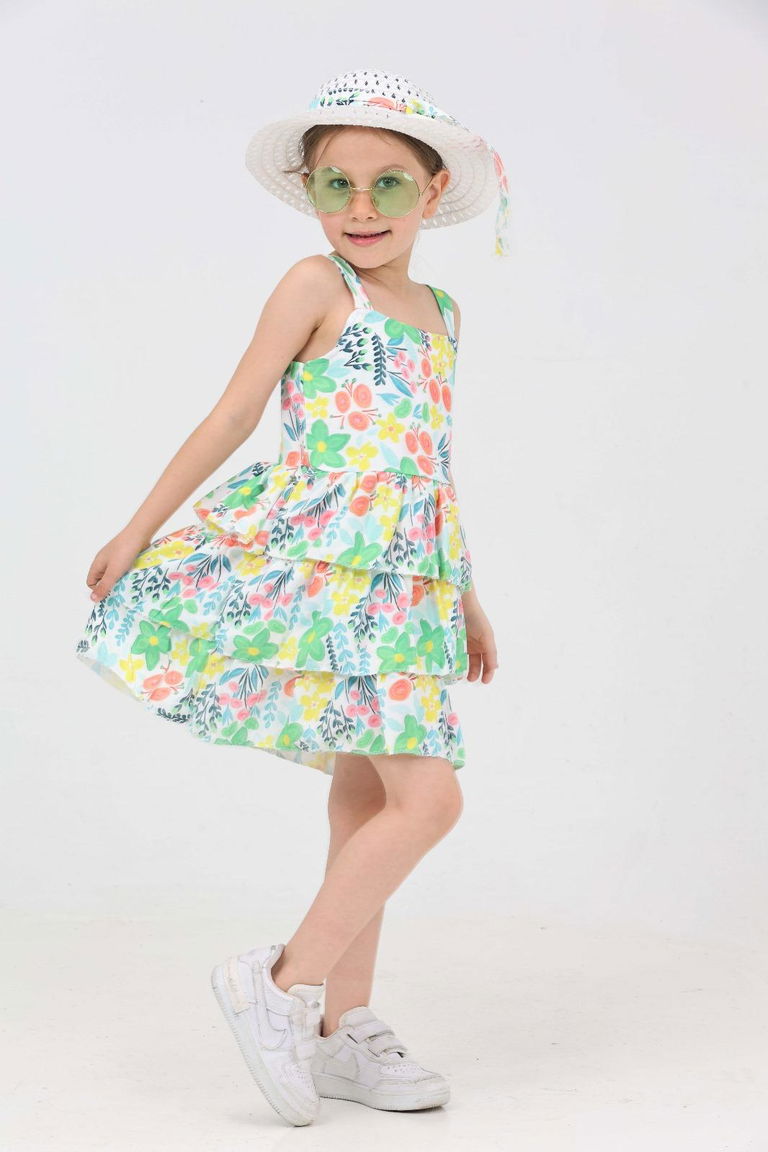 Kız Çocuk Yesil Şapkalı Fırfırlı Elbise - 27210 - TOFİSA