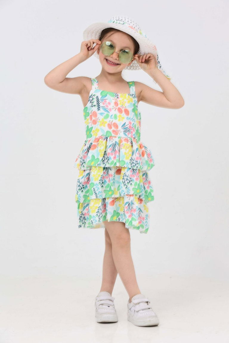 Kız Çocuk Yesil Şapkalı Fırfırlı Elbise - 27210 - TOFİSA