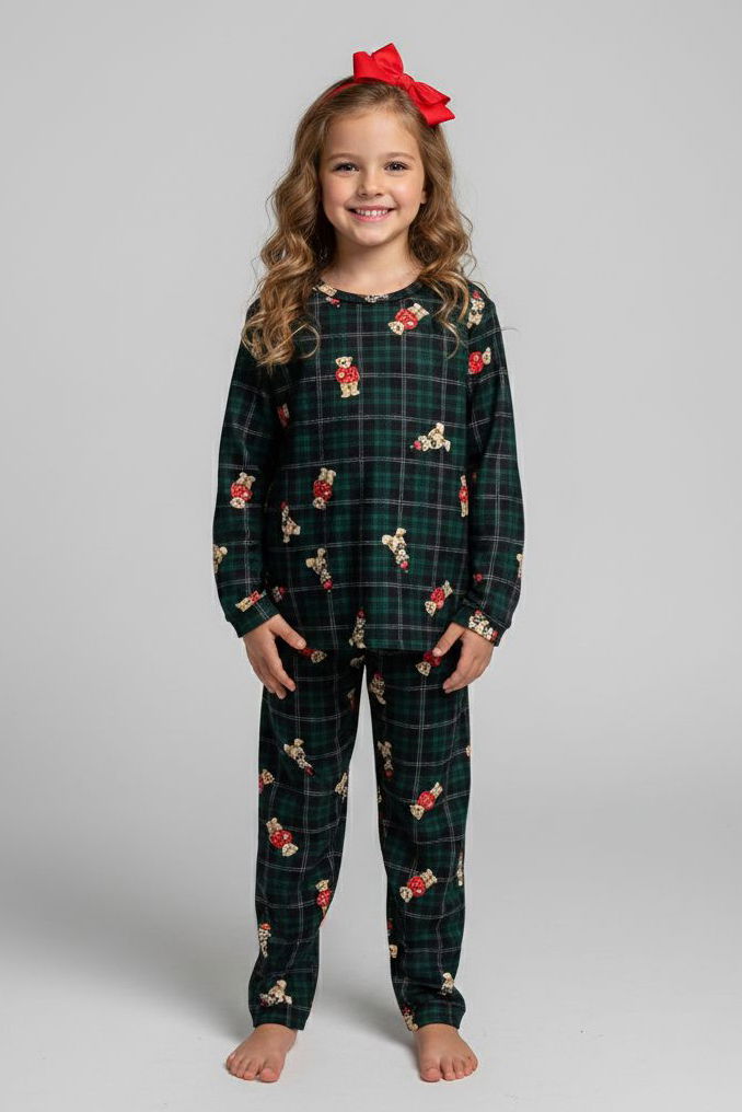 Kız Çocuk Zümrüt Baskılı Süet Pijama Takımı - 28169-ZUMRUT - 1