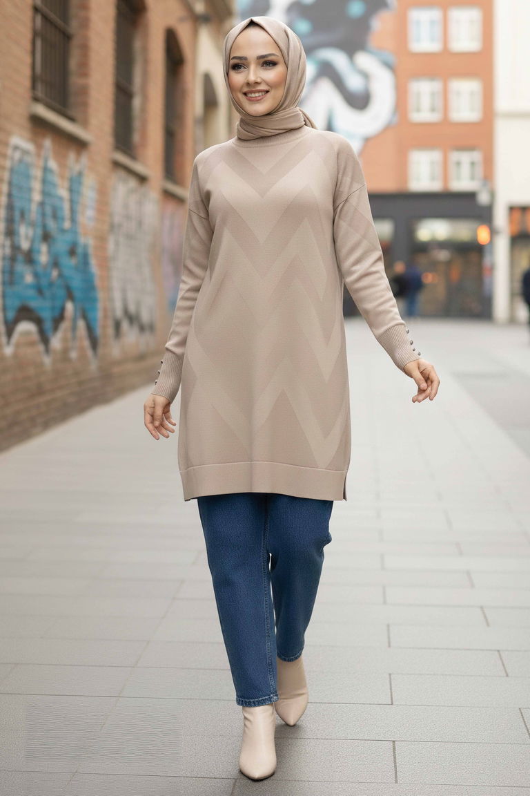 Kol Düğmeli Tiiko Tunik - 28081-BEJ - TOFİSA